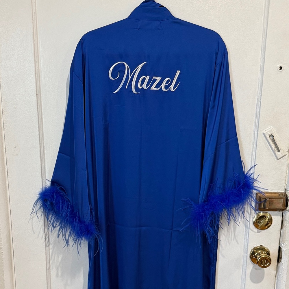 MAZEL blue silky bath robe with faux feather trim